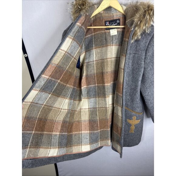 Vintage Subzero Wool Parka Real Fur Hood Thunderbird Appliqué Canada Women XL - Picture 6 of 9